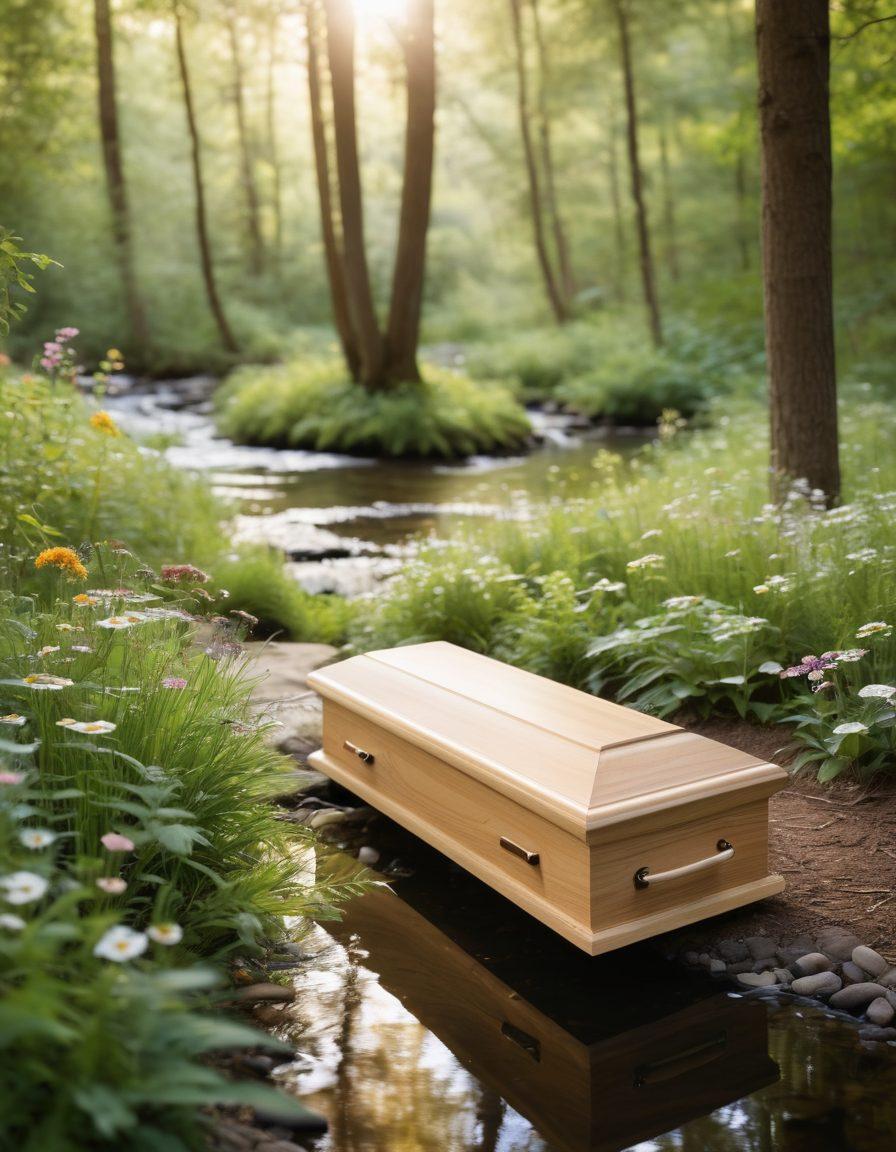 A serene forest setting with a gentle stream, surrounded by lush greenery and wildflowers, featuring a peaceful eco-friendly funeral scene with biodegradable caskets and nature-inspired memorials. Sunlight filters through the trees, casting a warm glow on the gathering of family and friends. Use soothing earth tones and soft pastel colors to evoke a sense of tranquility and harmony with nature. super-realistic. vibrant colors. soft focus.