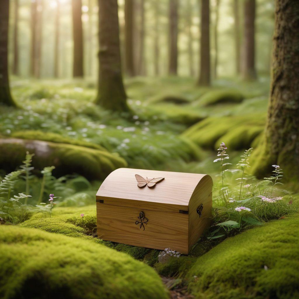 A serene forest setting with a beautifully crafted wooden biodegradable urn resting on a bed of soft moss. Surrounding it are wildflowers and gentle sunlight filtering through the trees, creating a peaceful atmosphere. In the background, subtle hints of a natural burial site with leafy greenery. Incorporate symbols of nature, like a butterfly or a bird. soft focus. vibrant colors. eco-friendly aesthetic.