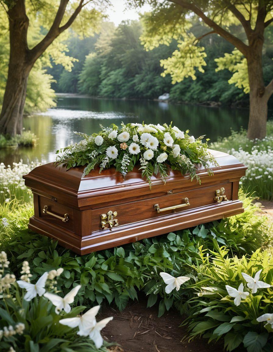 A serene and tranquil landscape representing an eco-friendly funeral service, featuring a beautifully decorated biodegradable casket surrounded by lush greenery, wildflowers, and soft sunlight filtering through trees. Include subtle symbols of hope like butterflies and doves, as well as gentle waves of a nearby river reflecting the sky. Convey a sense of peace and remembrance. super-realistic. vibrant colors. serene background.